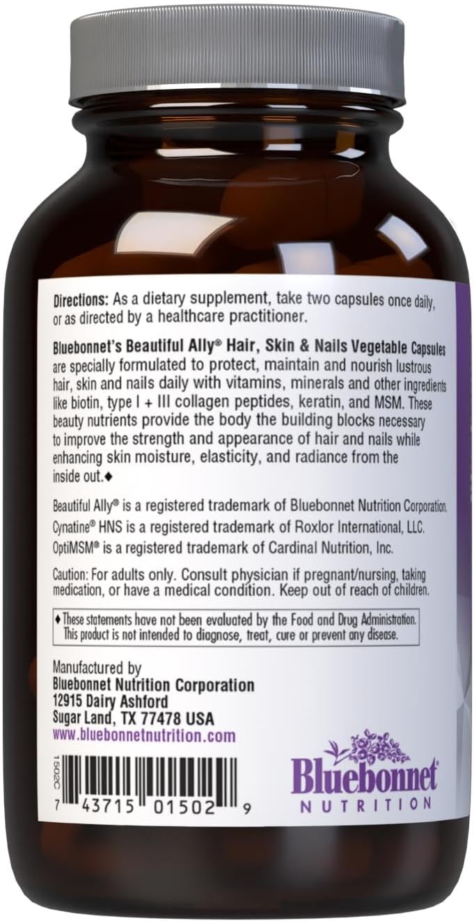 BlueBonnet Nutrition Beautiful Ally Hair, Skin & Nails Supplement with Grass Fed Collagen Peptides - Type 1 & 3, Non-GMO, Gluten-Free, 90 Capsules