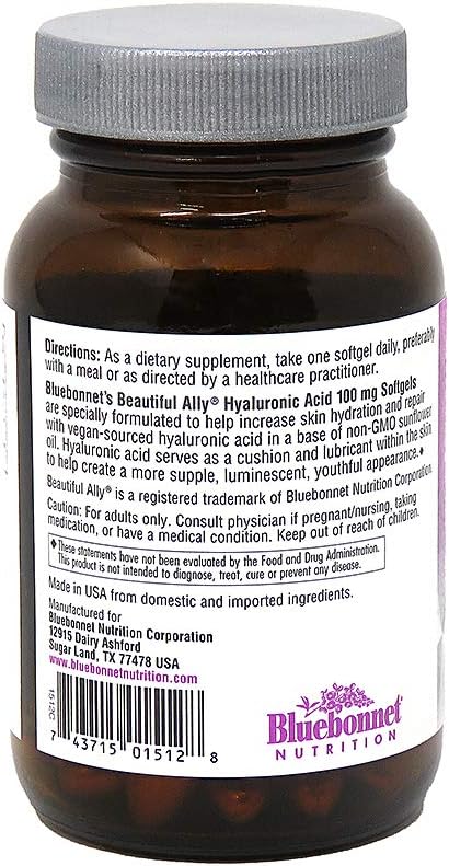 Bluebonnet Nutrition Beautiful Ally Hyaluronic Acid 100mg Softgels for Glowing Skin, Non-GMO, Gluten-Free - 90 Servings