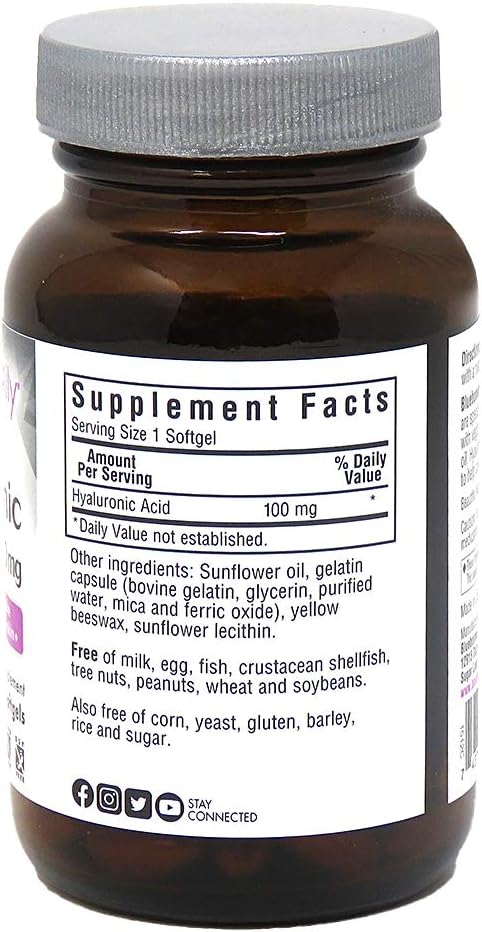 Bluebonnet Nutrition Beautiful Ally Hyaluronic Acid 100mg Softgels for Glowing Skin, Non-GMO, Gluten-Free - 90 Servings