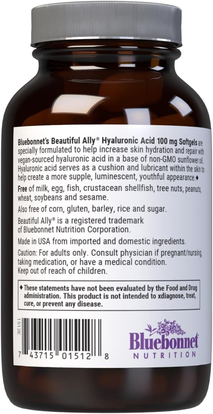 Bluebonnet Nutrition Beautiful Ally Hyaluronic Acid 100mg Softgels for Glowing Skin, Non-GMO, Gluten-Free - 90 Servings
