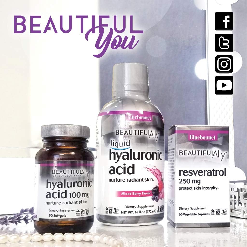 Bluebonnet Nutrition Beautiful Ally Hyaluronic Acid 100mg Softgels for Glowing Skin, Non-GMO, Gluten-Free - 90 Servings