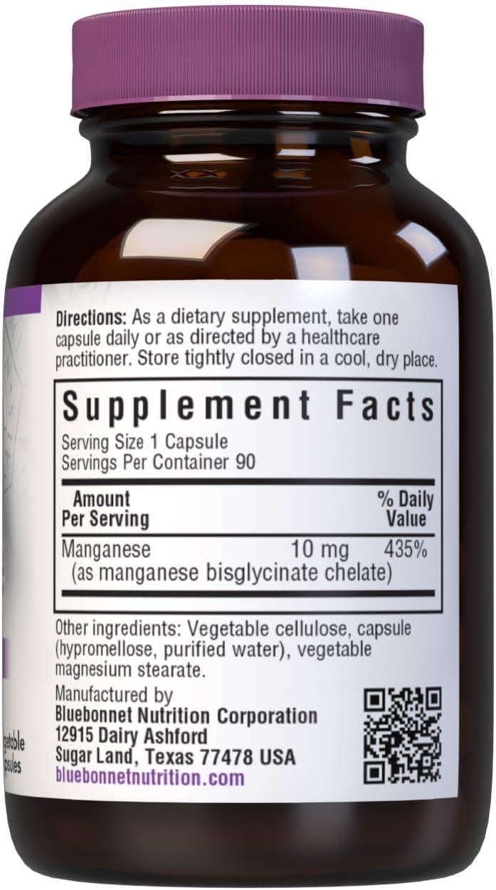 BlueBonnet Nutrition Chelated Manganese Supplement - 90 Vegan Capsules, Non-GMO, Gluten-Free & Kosher