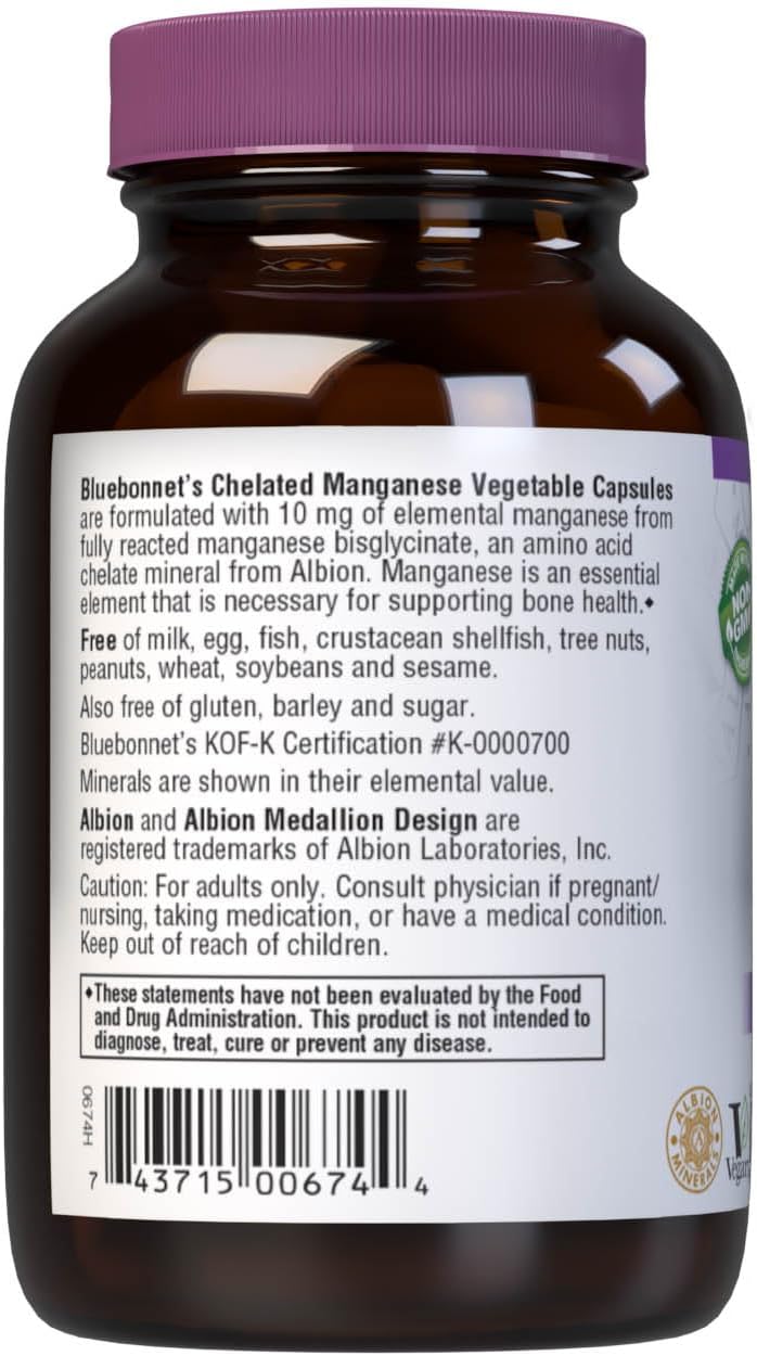 BlueBonnet Nutrition Chelated Manganese Supplement - 90 Vegan Capsules, Non-GMO, Gluten-Free & Kosher