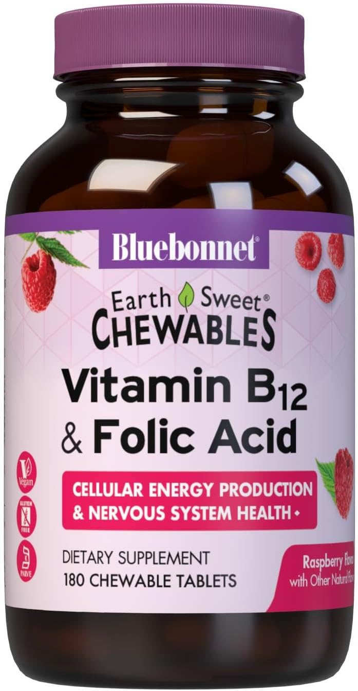 Bluebonnet Nutrition Earth Sweet Vitamin B12 & Folic Acid Chewable Tablets, Cream Raspberry - 180 Count Pack