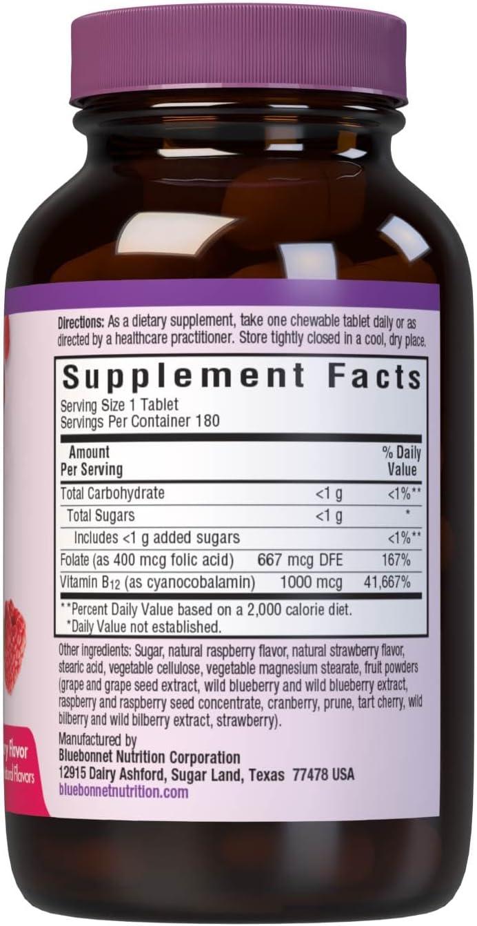 Bluebonnet Nutrition Earth Sweet Vitamin B12 & Folic Acid Chewable Tablets, Cream Raspberry - 180 Count Pack