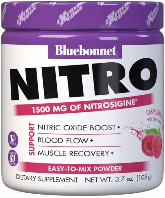 Bluebonnet Nutrition Extreme Edge Nitro Powder - Nitric Oxide Booster for Increased Blood Flow - Vegan Raspberry Flavor - 3.7 oz, 30 Servings