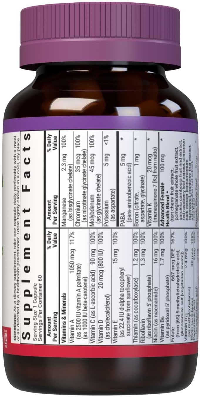 BlueBonnet Nutrition Ladies Whole Food Multiple Capsules with K2 for Energy and Vitality - Non-GMO, Gluten-Free, 60 Count