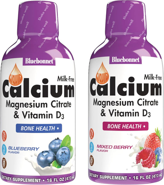 Bluebonnet Nutrition Liquid Calcium Citrate Magnesium Citrate with Vitamin D3 for Bone Health - Gluten, Soy, Milk Free - Kosher Blueberry & Mixed Berry Combo