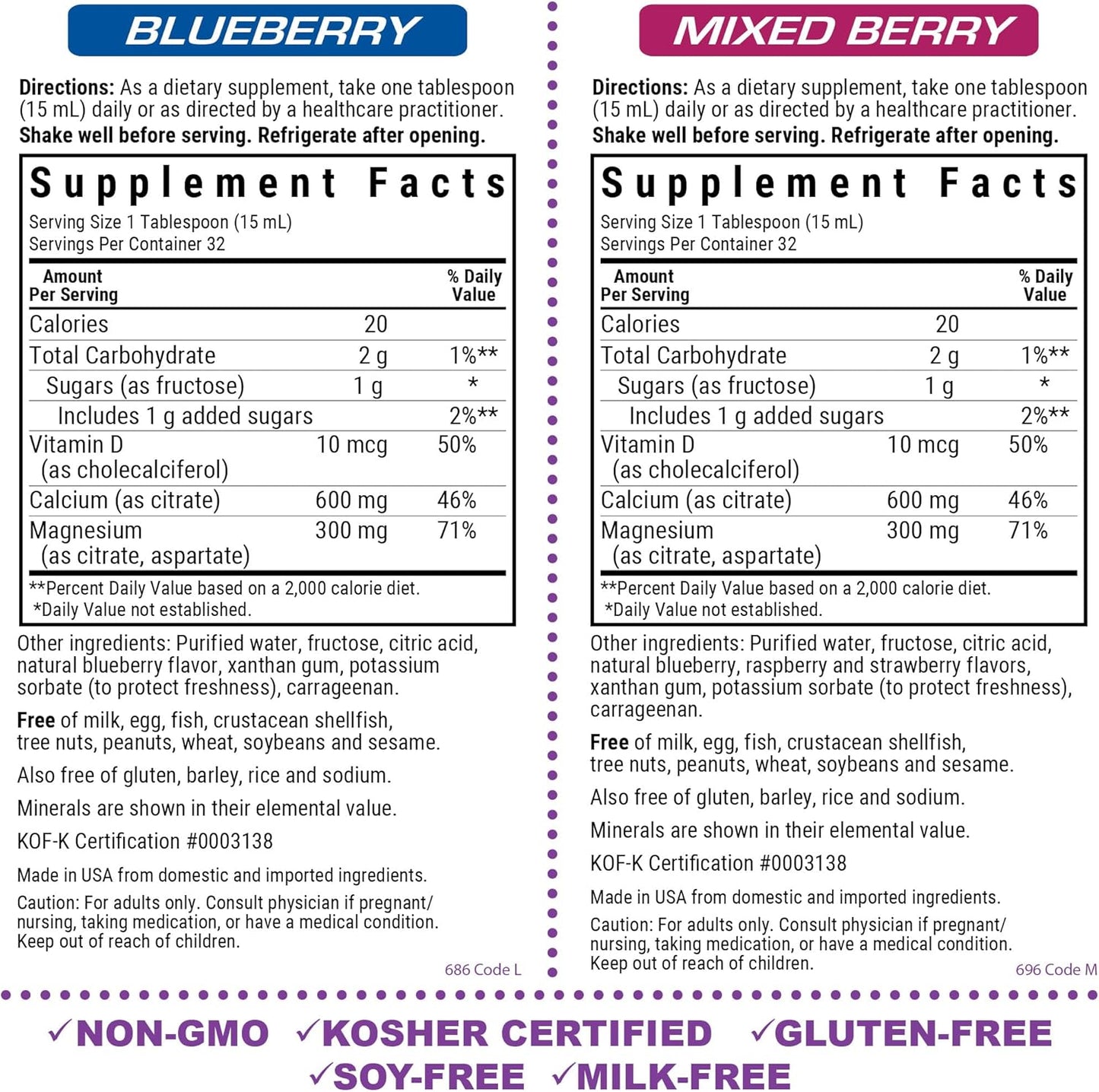 Bluebonnet Nutrition Liquid Calcium Citrate Magnesium Citrate with Vitamin D3 for Bone Health - Gluten, Soy, Milk Free - Kosher Blueberry & Mixed Berry Combo