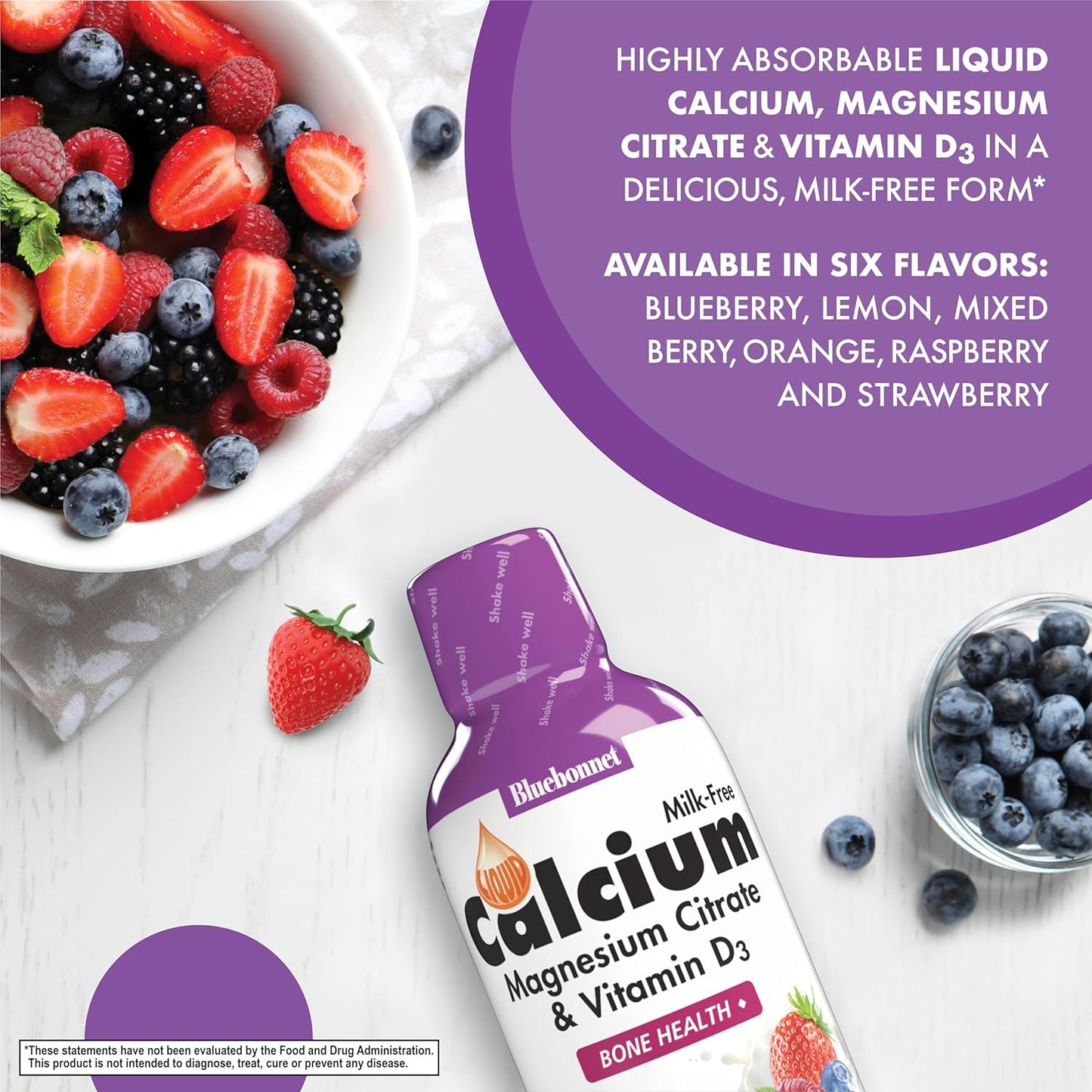 Bluebonnet Nutrition Liquid Calcium Citrate Magnesium Citrate with Vitamin D3 for Bone Health - Gluten, Soy, Milk Free - Kosher Blueberry & Mixed Berry Combo