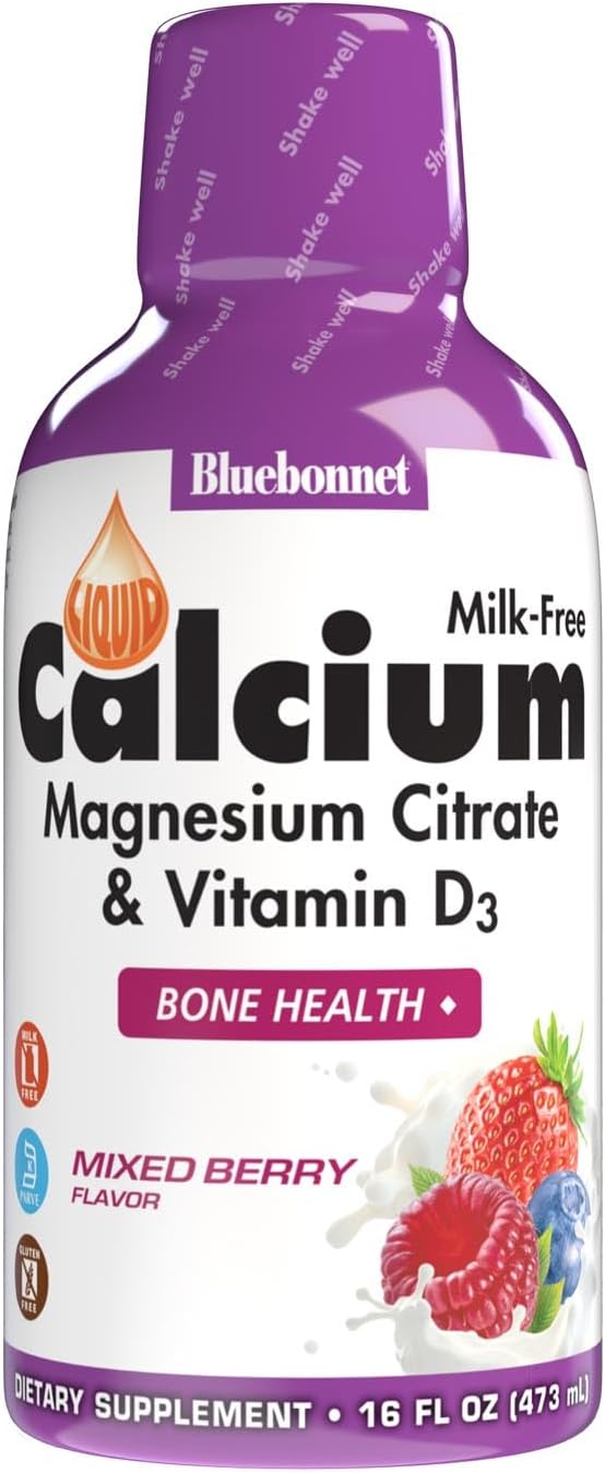 Bluebonnet Nutrition Liquid Calcium Citrate Magnesium Citrate with Vitamin D3 for Bone Health - Gluten, Soy, Milk Free - Kosher Blueberry & Mixed Berry Combo