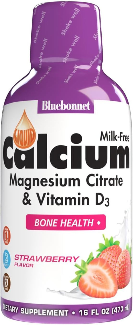 Bluebonnet Nutrition Liquid Calcium Citrate with Magnesium and Vitamin D3 for Bone Health - Strawberry Flavor, 16 Fl Oz