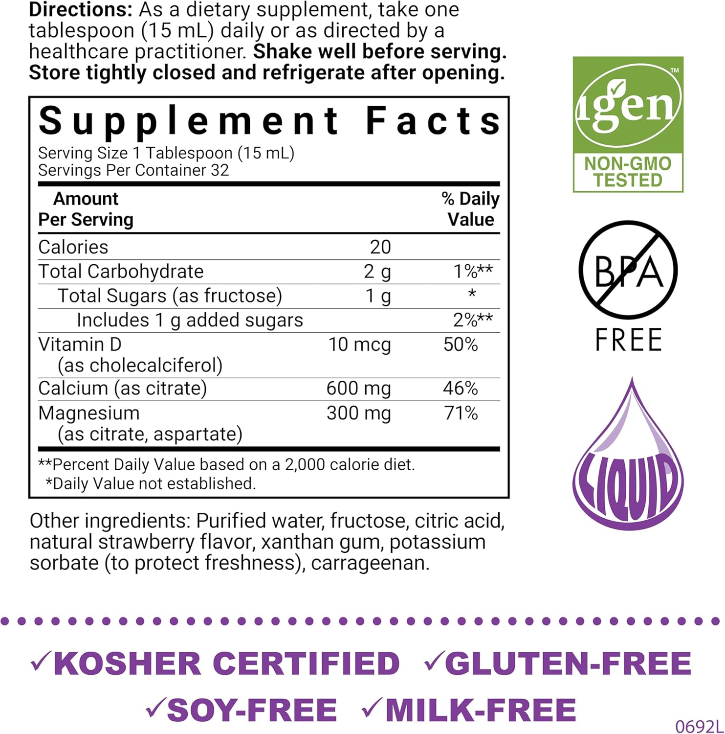 Bluebonnet Nutrition Liquid Calcium Citrate with Magnesium and Vitamin D3 for Bone Health - Strawberry Flavor, 16 Fl Oz