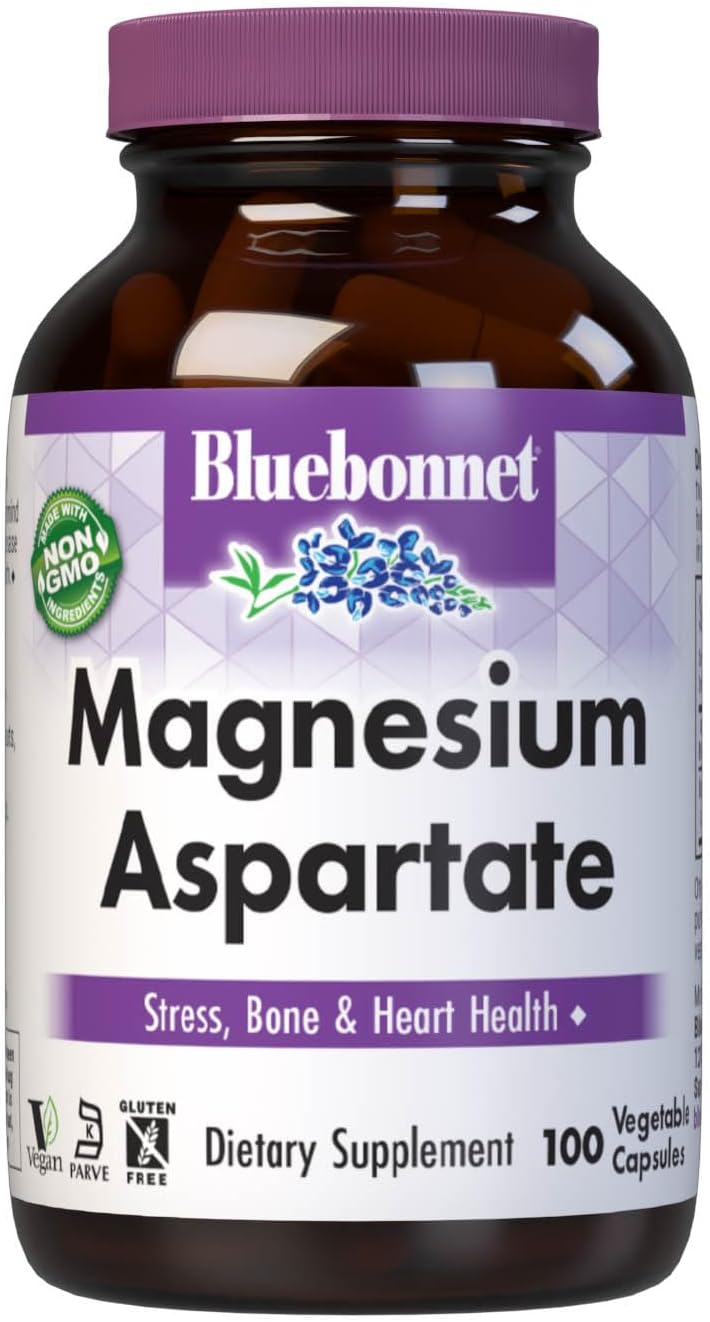 Bluebonnet Nutrition Magnesium Aspartate: Stress Relief, Bone & Heart Health, Non-GMO, Vegan, Kosher, Gluten-Free, Soy-Free, Dairy-Free - 100 Veg Caps