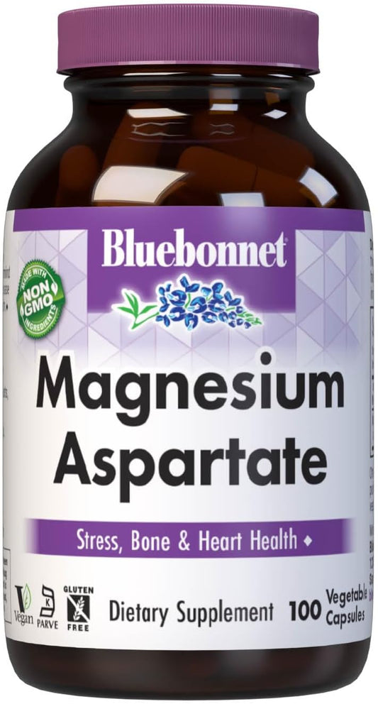 Bluebonnet Nutrition Magnesium Aspartate: Stress Relief, Bone & Heart Health, Non-GMO, Vegan, Kosher, Gluten-Free, Soy-Free, Dairy-Free - 100 Veg Caps