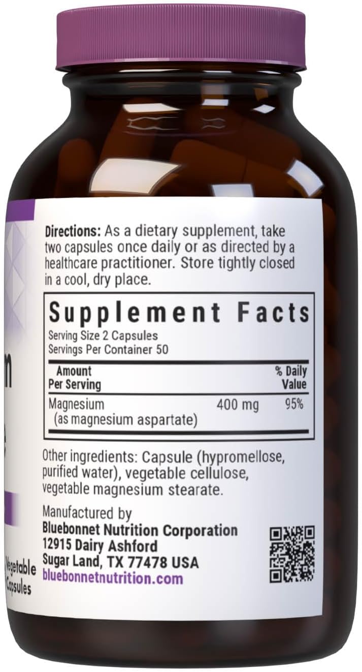 Bluebonnet Nutrition Magnesium Aspartate: Stress Relief, Bone & Heart Health, Non-GMO, Vegan, Kosher, Gluten-Free, Soy-Free, Dairy-Free - 100 Veg Caps