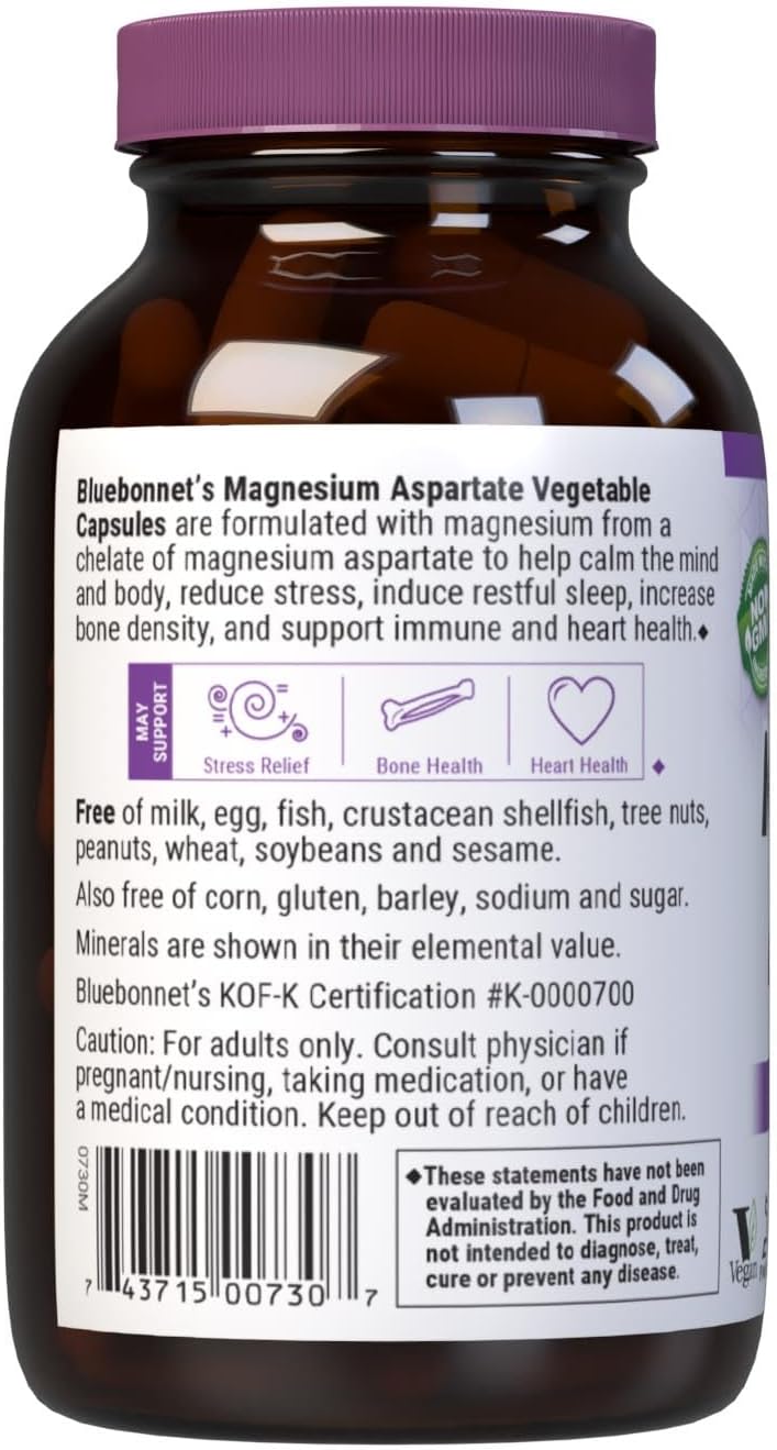 Bluebonnet Nutrition Magnesium Aspartate: Stress Relief, Bone & Heart Health, Non-GMO, Vegan, Kosher, Gluten-Free, Soy-Free, Dairy-Free - 100 Veg Caps