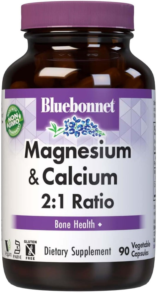 Bluebonnet Nutrition Magnesium & Calcium 2:1 Ratio Capsules, Bone Health Support, Non-GMO, Vegan, Kosher, Gluten-Free, Soy-Free, Dairy-Free, 90 Capsules
