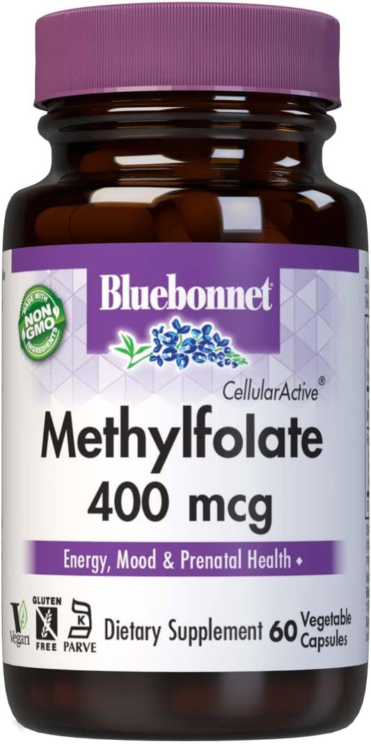 Bluebonnet Nutrition Methylfolate 400 mcg with Quatrefolic - Energy, Mood, Prenatal Health - Vegan, Gluten-Free, Non-GMO - 60 Capsules