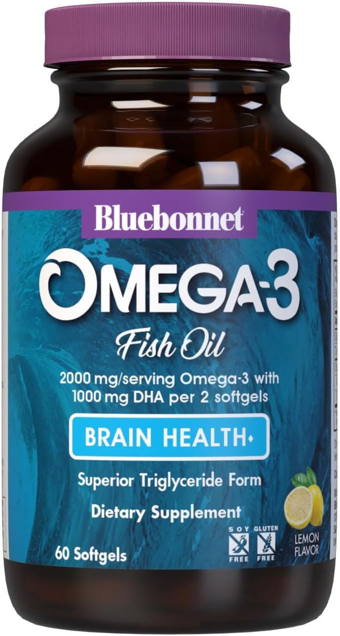 Bluebonnet Nutrition Omega-3 Brain Formula | High Concentration Cognitive Health Support | Natural Wild Caught Triglyceride Form DHA 860 mg EPA 120 mg | Gluten-Free | 60 Softgels