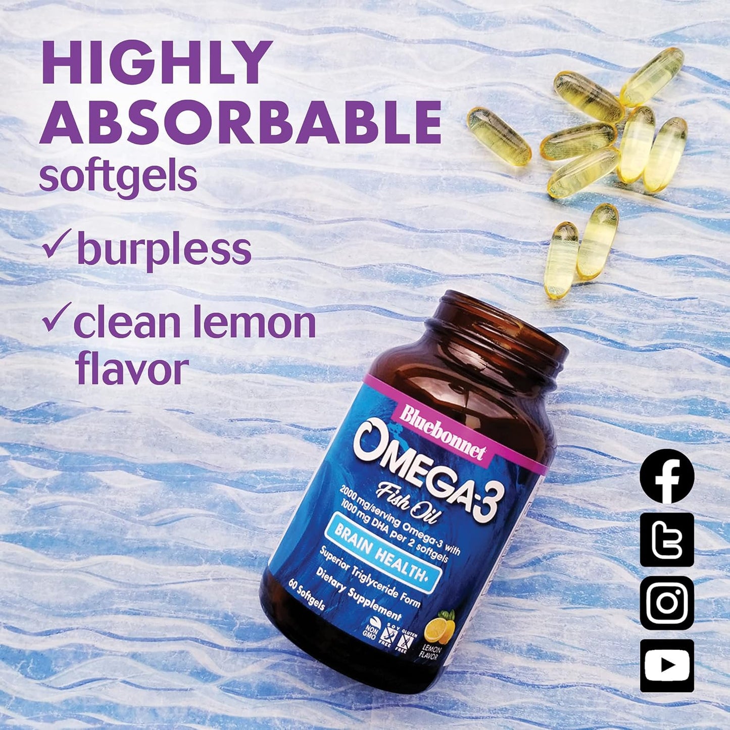 Bluebonnet Nutrition Omega-3 Brain Formula | High Concentration Cognitive Health Support | Natural Wild Caught Triglyceride Form DHA 860 mg EPA 120 mg | Gluten-Free | 60 Softgels