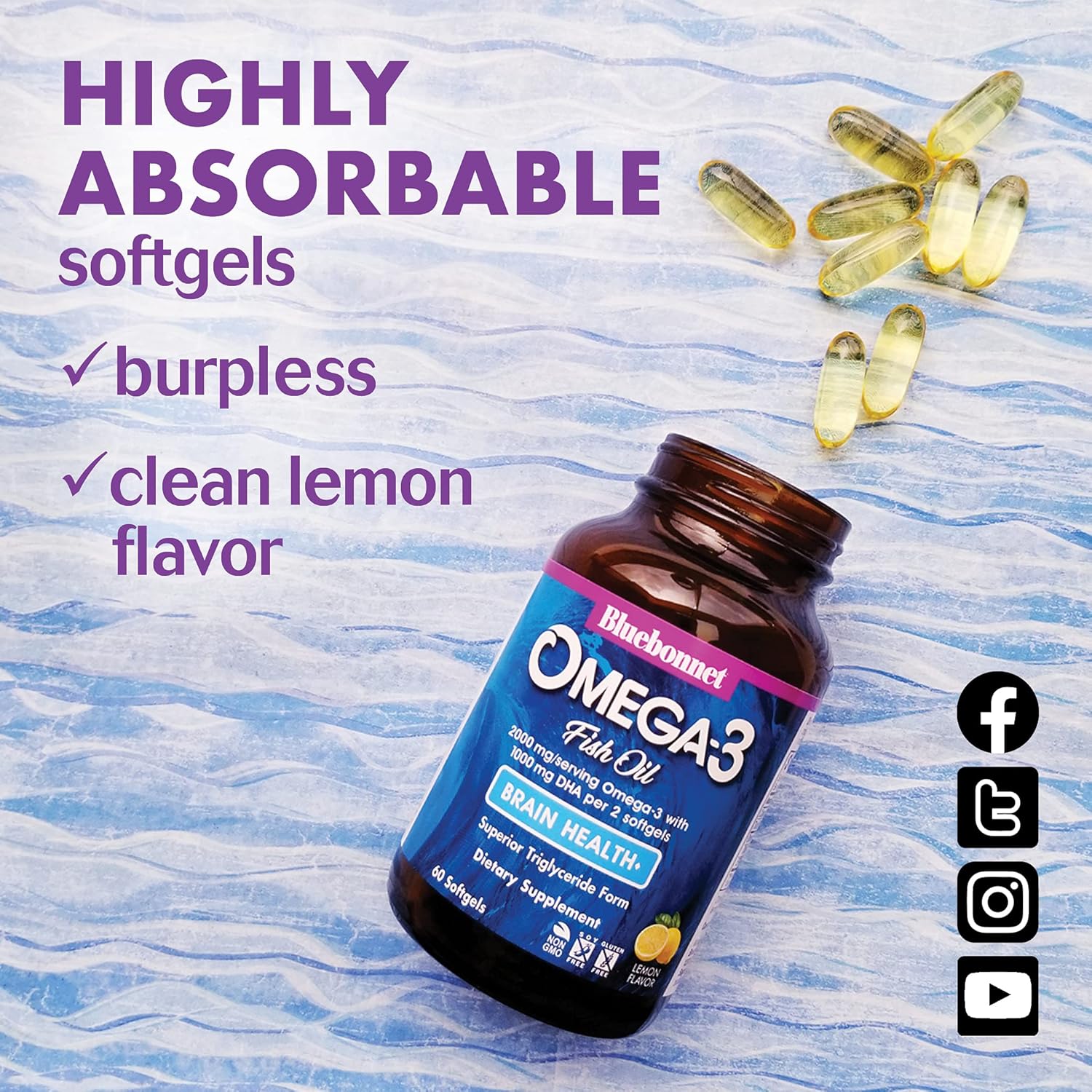 Bluebonnet Nutrition Omega-3 Brain Formula | High Concentration Cognitive Health Support | Natural Wild Caught Triglyceride Form DHA 860 mg EPA 120 mg | Gluten-Free | 60 Softgels