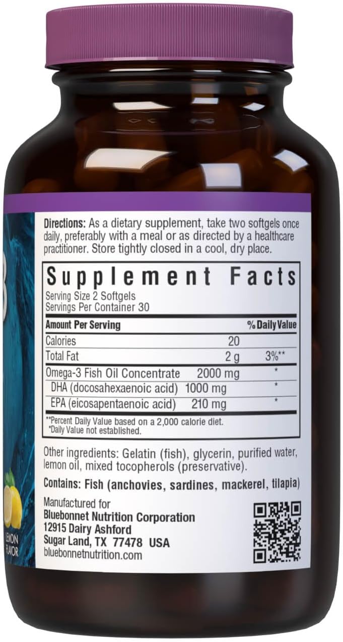 Bluebonnet Nutrition Omega-3 Brain Formula | High Concentration Cognitive Health Support | Natural Wild Caught Triglyceride Form DHA 860 mg EPA 120 mg | Gluten-Free | 60 Softgels