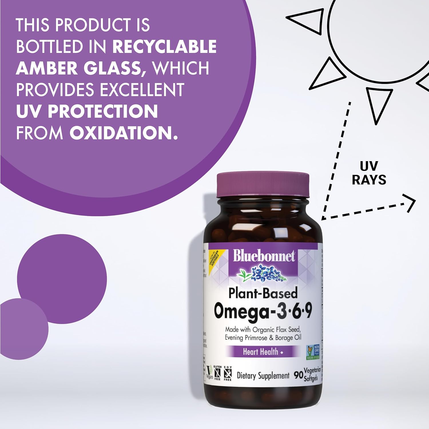 Bluebonnet Nutrition Plant Based Omega 3-6-9 Softgels - Heart Health Support - Cold Pressed Oil - Non-GMO, Vegan - Gluten, Soy, Milk Free - 90 Servings