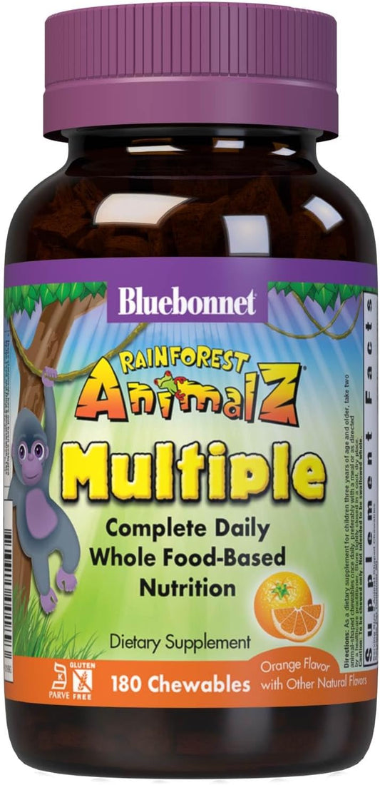 Bluebonnet Nutrition Rainforest Animalz Kids Multivitamin Chewable Tablets - Whole Food Based, Vitamin C, D3, Iron - 180 Tablets, Orange Flavor - Gluten Free, Milk Free, Kosher
