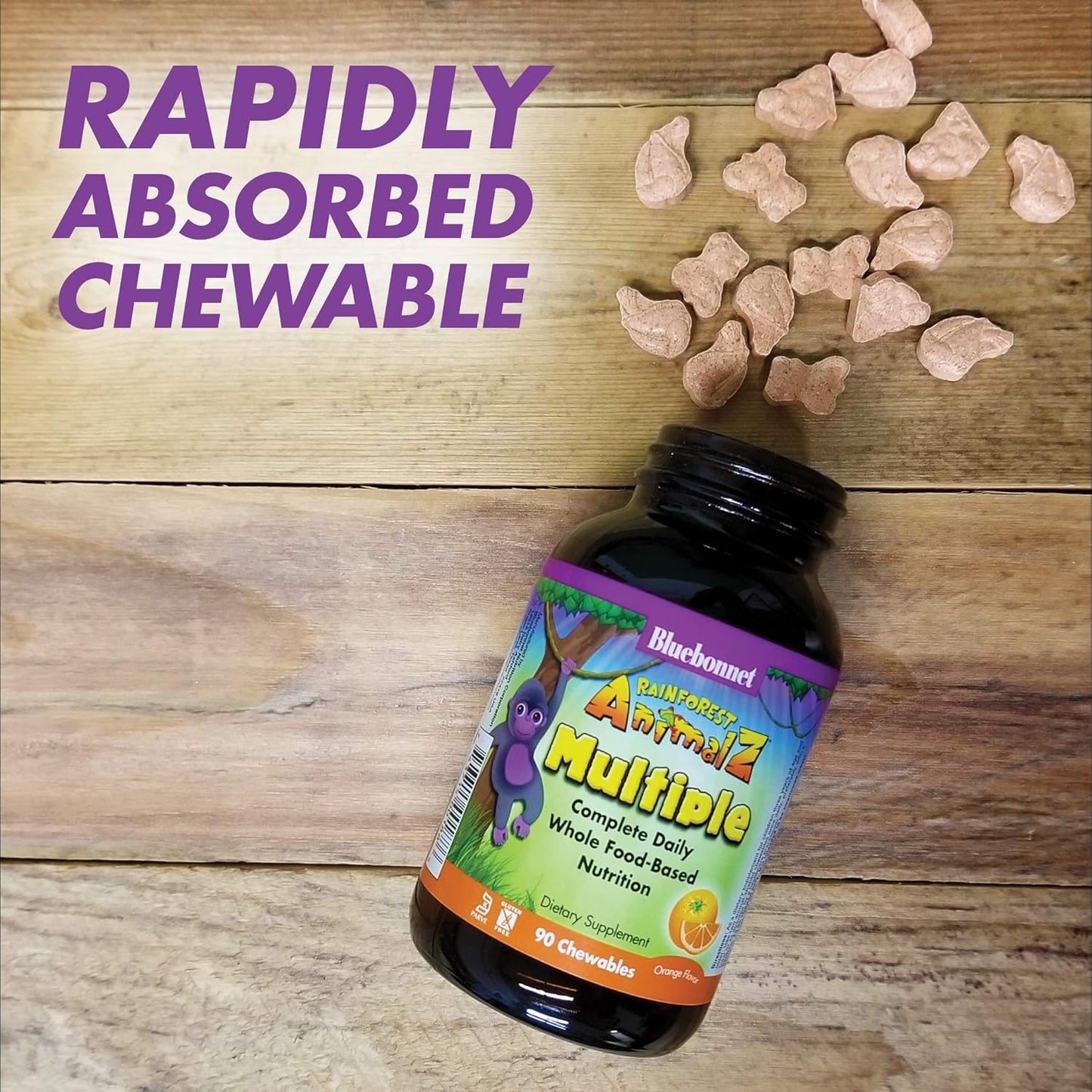 Bluebonnet Nutrition Rainforest Animalz Kids Multivitamin Chewable Tablets - Whole Food Based, Vitamin C, D3, Iron - 180 Tablets, Orange Flavor - Gluten Free, Milk Free, Kosher