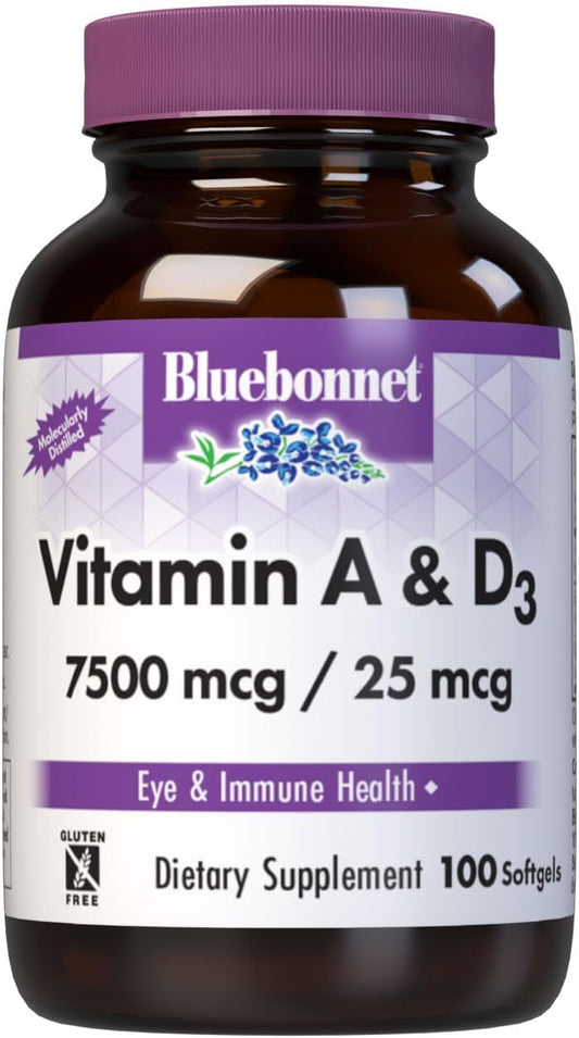 Bluebonnet Nutrition Vitamin A & D3 25,000 IU/1,000 IU Softgels - Deep Sea Fish Oil - Eye Health & Immune Support - Gluten & Dairy Free - 100 Servings