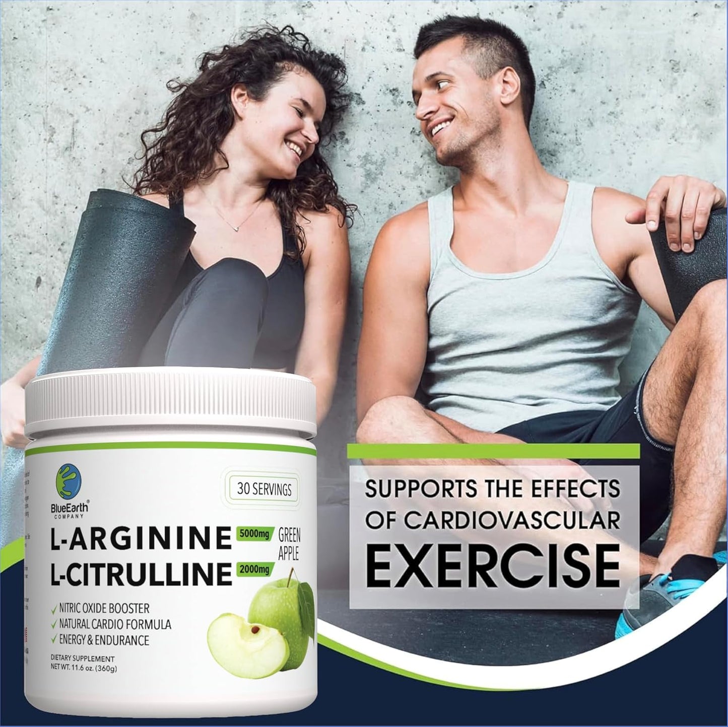BlueEarth Company L-Arginine and L-Citrulline Powder Supplement - Nitric Oxide Booster for Heart Health and Energy - Green Apple Flavor - 30 Servings