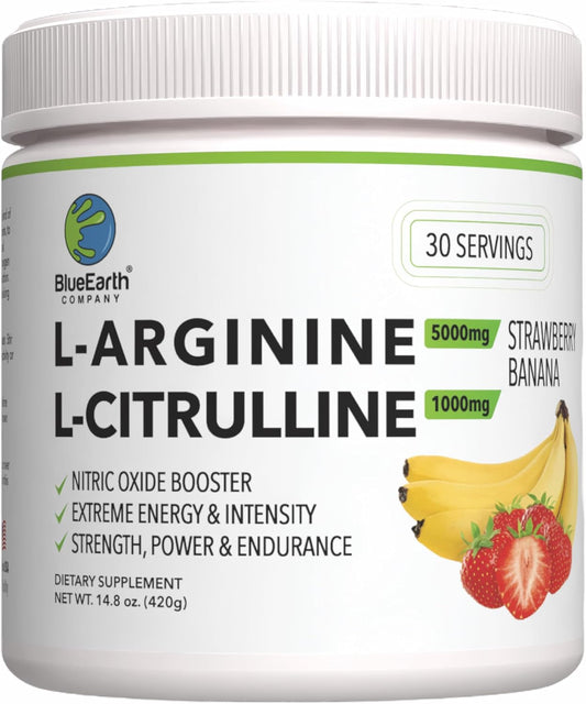 BlueEarth Company Nitric Oxide Booster Drink Mix - Heart Health & Energy Support - L-Arginine 5000mg + L-Citrulline Complex - Strawberry Banana Flavor - 30 Servings