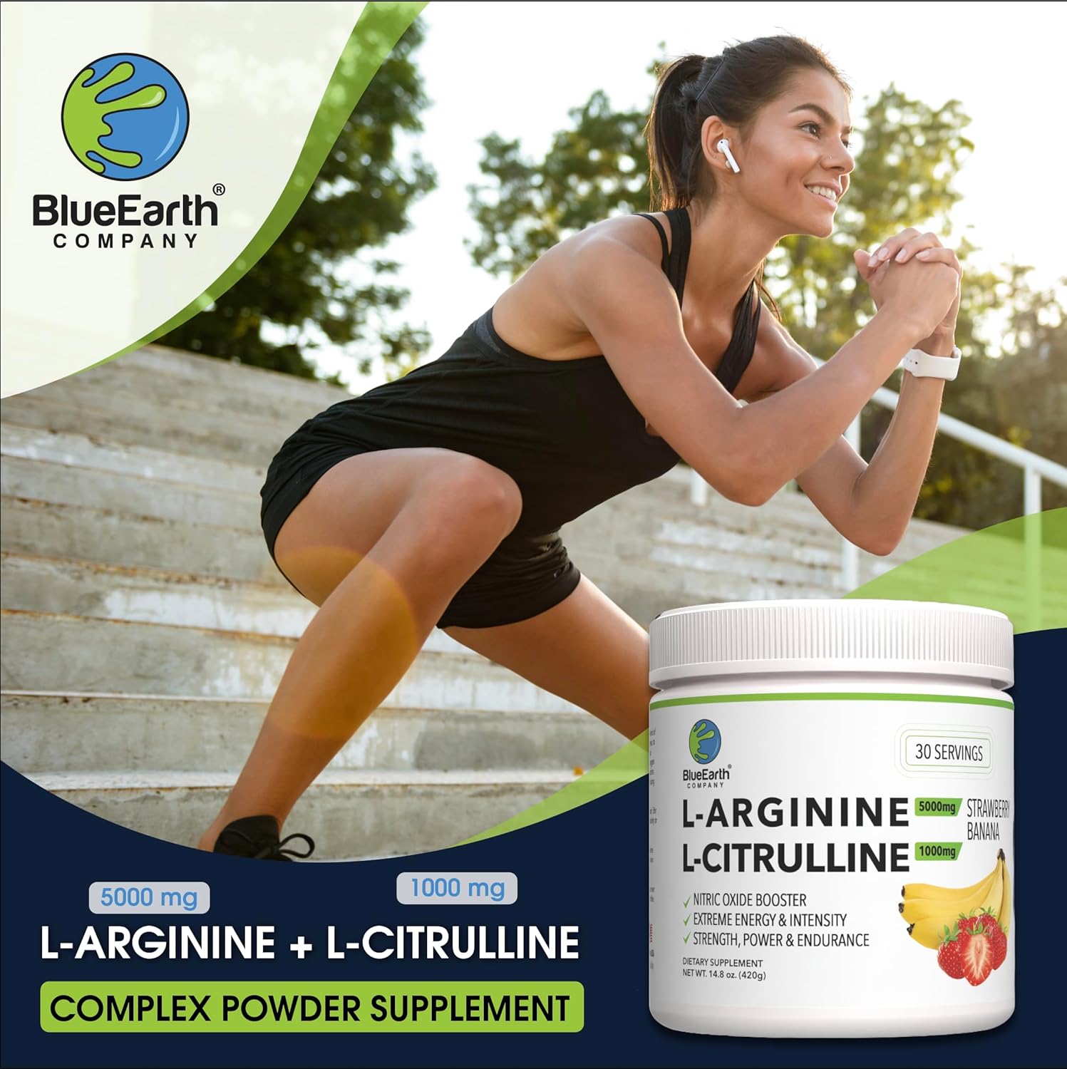 BlueEarth Company Nitric Oxide Booster Drink Mix - Heart Health & Energy Support - L-Arginine 5000mg + L-Citrulline Complex - Strawberry Banana Flavor - 30 Servings