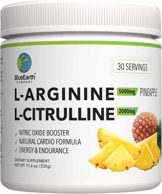 BlueEarth Company Nitric Oxide Booster Powder Supplement - L-Arginine & L-Citrulline Complex for Heart Health, Energy & Endurance - 30 Servings - Pineapple Flavor