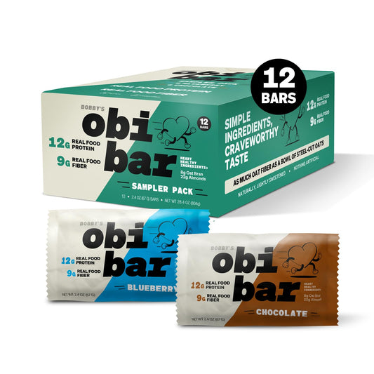 Bobby's Obi Bar Sampler Pack - All Natural Protein and Oat Fiber Bars | Meal Bar for Heart and Gut Health | Low Glycemic | 6 Chocolate & 6 Blueberry Bars with Almond Chunks | Soy and Dairy Free | 2.4oz, 12 Pack