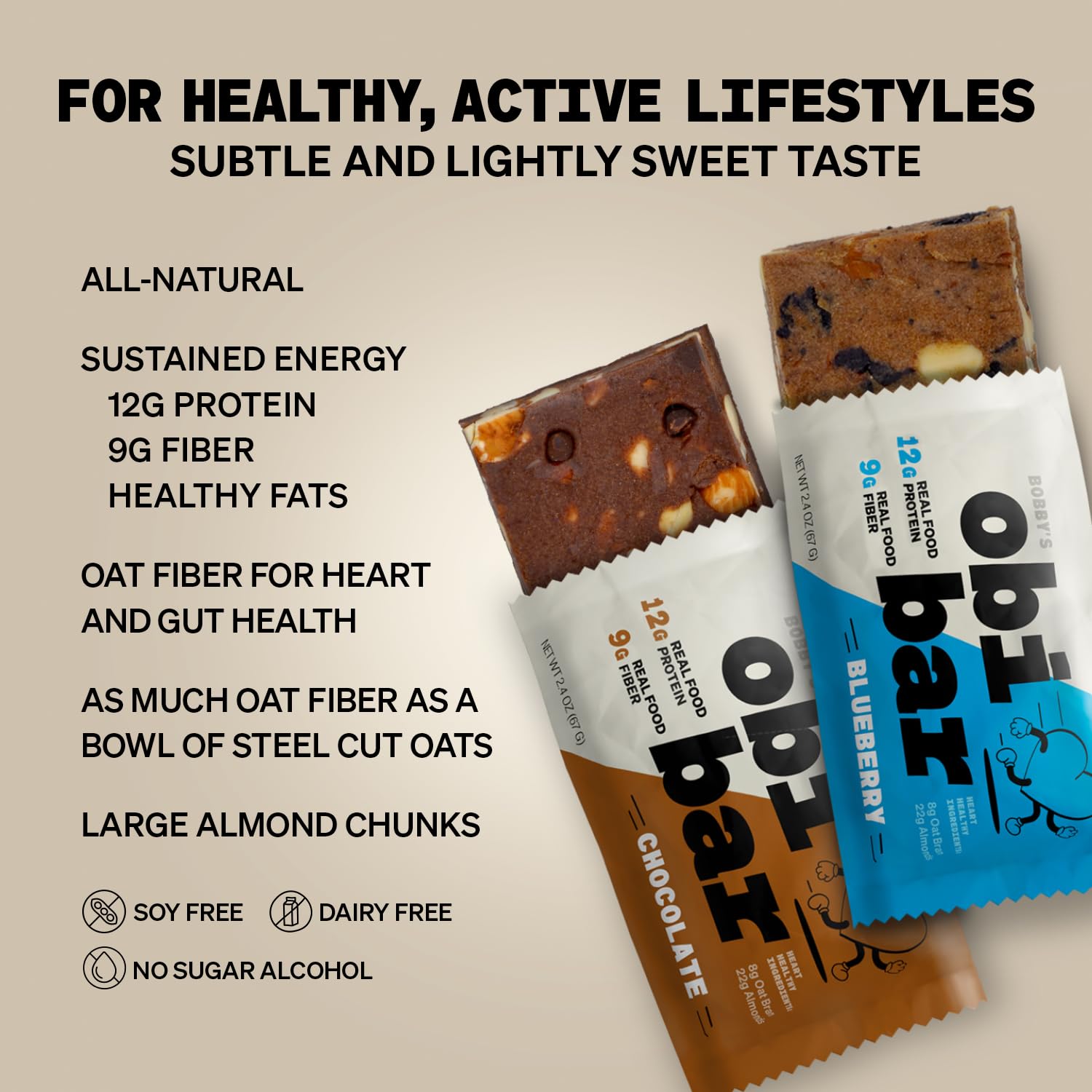 Bobby's Obi Bar Sampler Pack - All Natural Protein and Oat Fiber Bars | Meal Bar for Heart and Gut Health | Low Glycemic | 6 Chocolate & 6 Blueberry Bars with Almond Chunks | Soy and Dairy Free | 2.4oz, 12 Pack