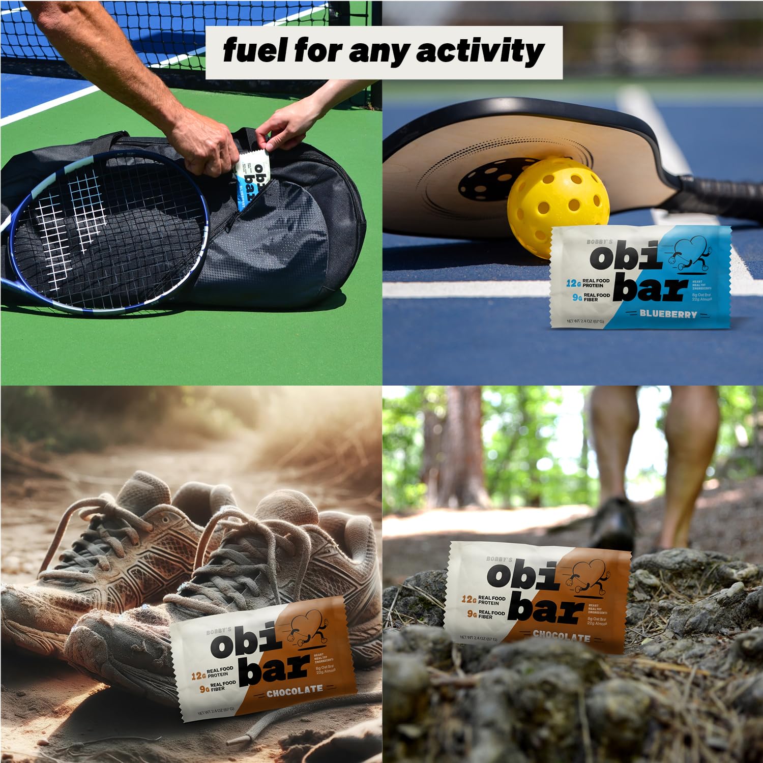 Bobby's Obi Bar Sampler Pack - All Natural Protein and Oat Fiber Bars | Meal Bar for Heart and Gut Health | Low Glycemic | 6 Chocolate & 6 Blueberry Bars with Almond Chunks | Soy and Dairy Free | 2.4oz, 12 Pack