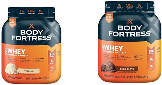 Body Fortress 100% Whey Protein Powder Bundle - Vanilla and Chocolate Flavors, 1.74lbs and 1.78lbs