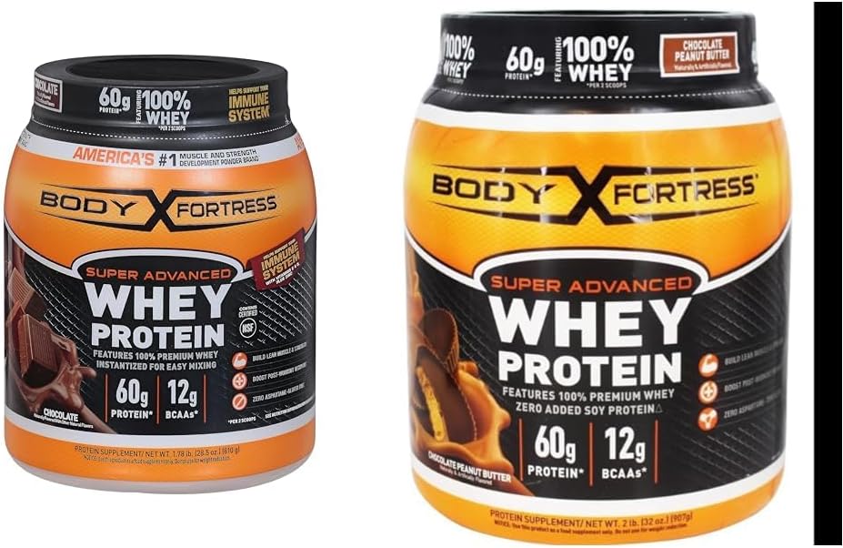 Body Fortress 100% Whey Protein Powder Combo Pack - Chocolate & Chocolate Peanut Butter - 1.78lbs each