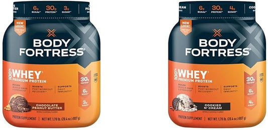 Body Fortress 100% Whey Protein Powder Combo Pack - Chocolate Peanut Butter & Cookies N' Cream, 1.78lbs Ea