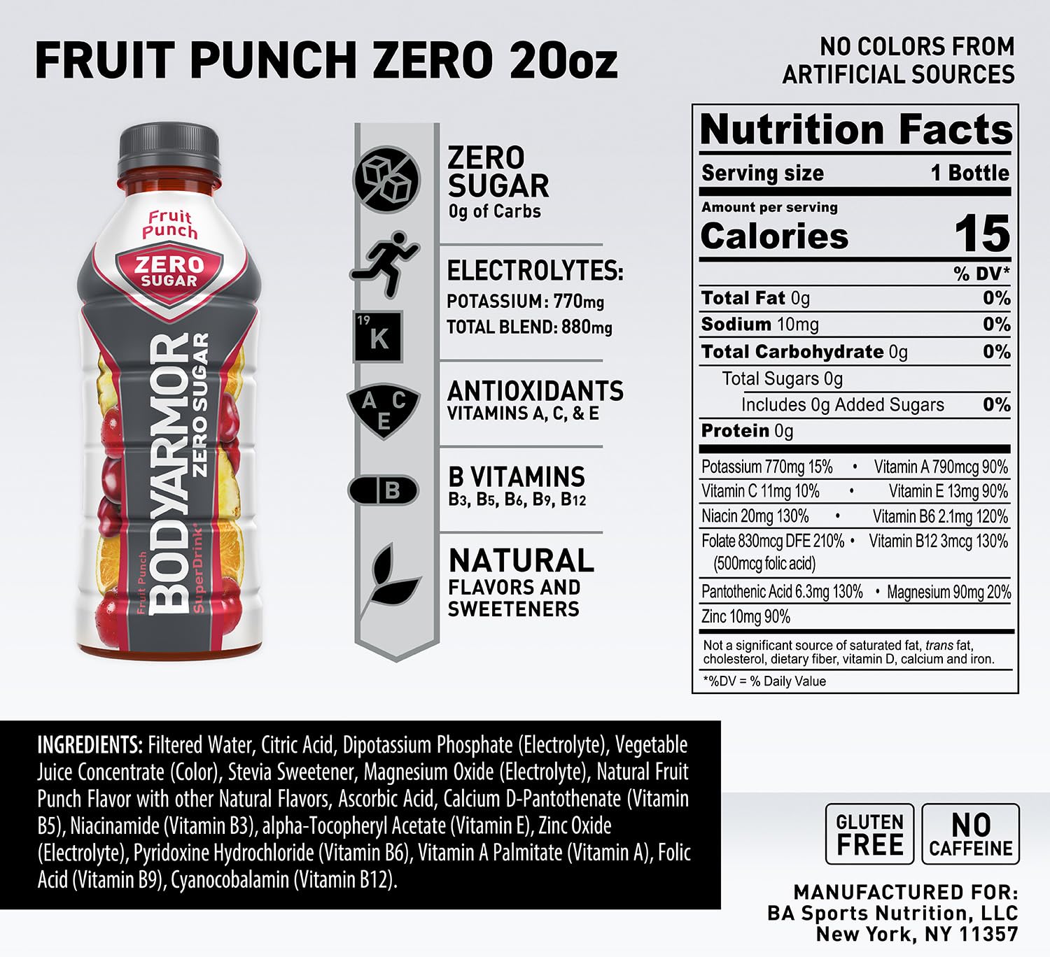 BODYARMOR ZERO Sugar Fruit Punch Sports Drink - Sugar-Free Hydration with Electrolytes and Antioxidants - 20 fl oz (Pack of 6)