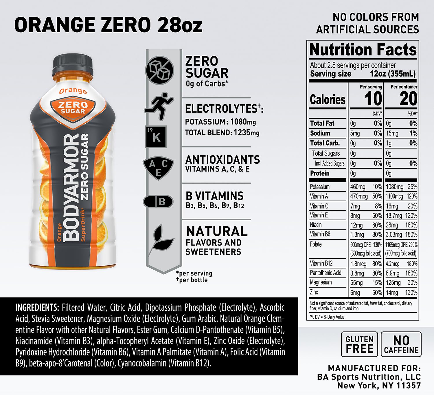 BODYARMOR ZERO Sugar Orange Sports Drink - Sugar-Free, Low-Calorie Hydration with Natural Flavors - Electrolytes, Antioxidants, B-vitamins - 28 fl oz (Pack of 12)