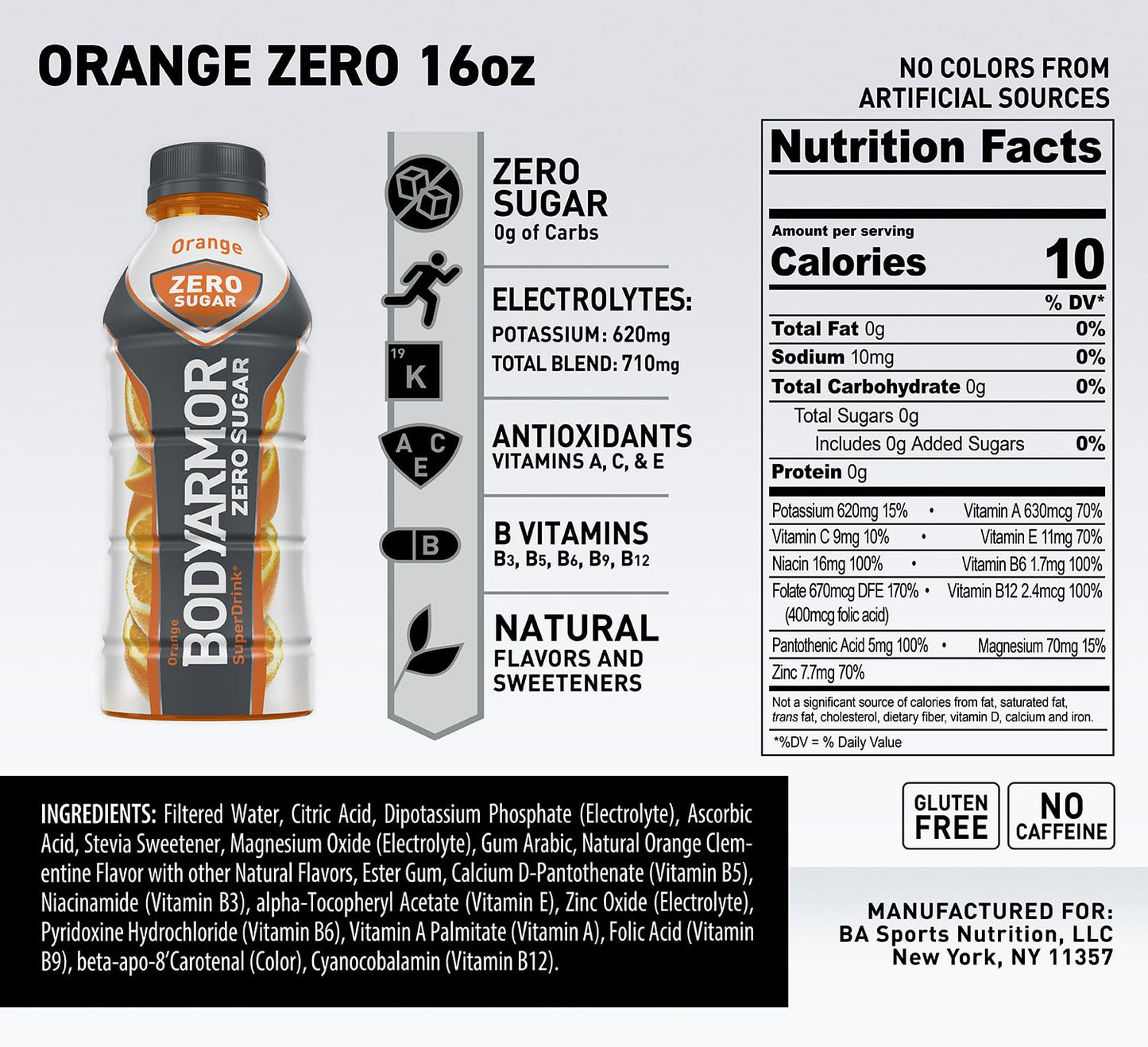 BODYARMOR ZERO Sugar Orange Sports Drink - Sugar Free & Low-Calorie Hydration with Natural Flavors - Packed with Electrolytes, Antioxidants, and B-vitamins - 16 fl oz (Pack of 12)