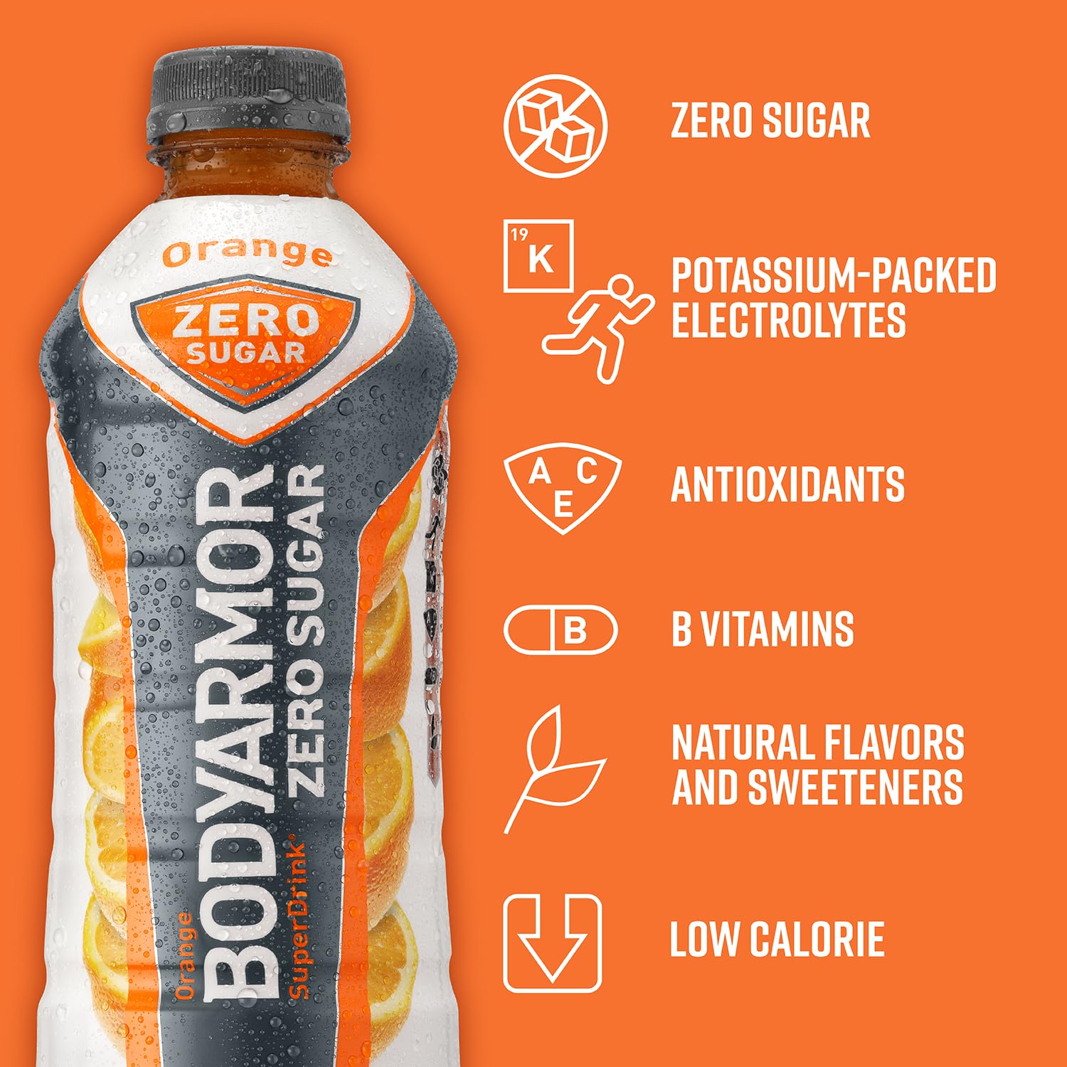 BODYARMOR ZERO Sugar Orange Sports Drink - Sugar-Free, Low-Calorie Hydration with Natural Flavors - Electrolytes, Antioxidants, B-vitamins - 28 fl oz (Pack of 12)