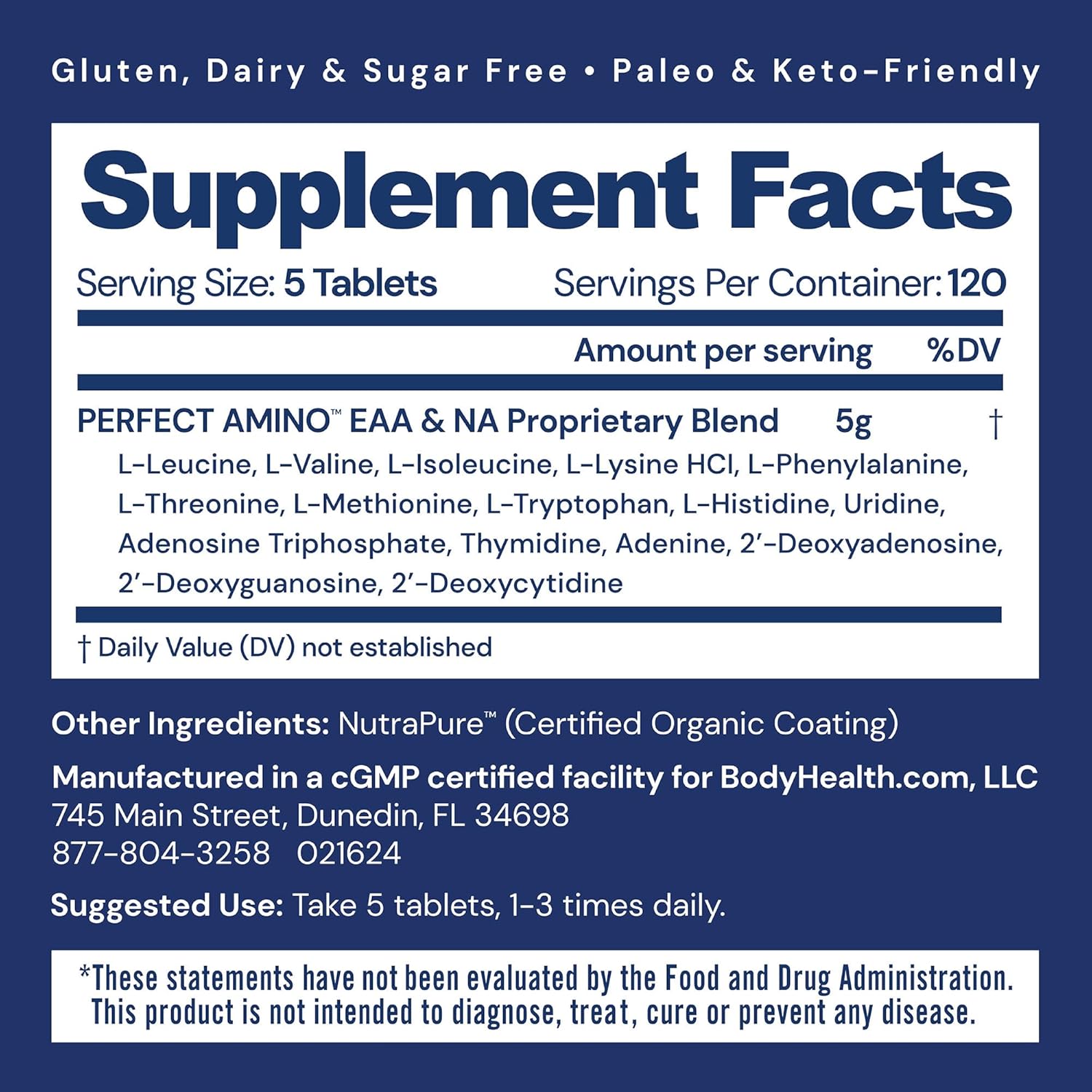 BodyHealth PerfectAmino 600 ct Tablets - Vegan Essential Amino Acids Supplement for Muscle Recovery & Workout