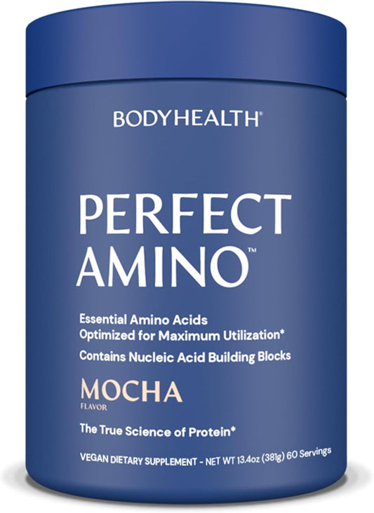 BodyHealth PerfectAmino Powder Mocha Flavor - BCAA & EAA Energy Drink for Muscle Support - Pre & Post Workout Supplement for Men & Women - 60 Servings