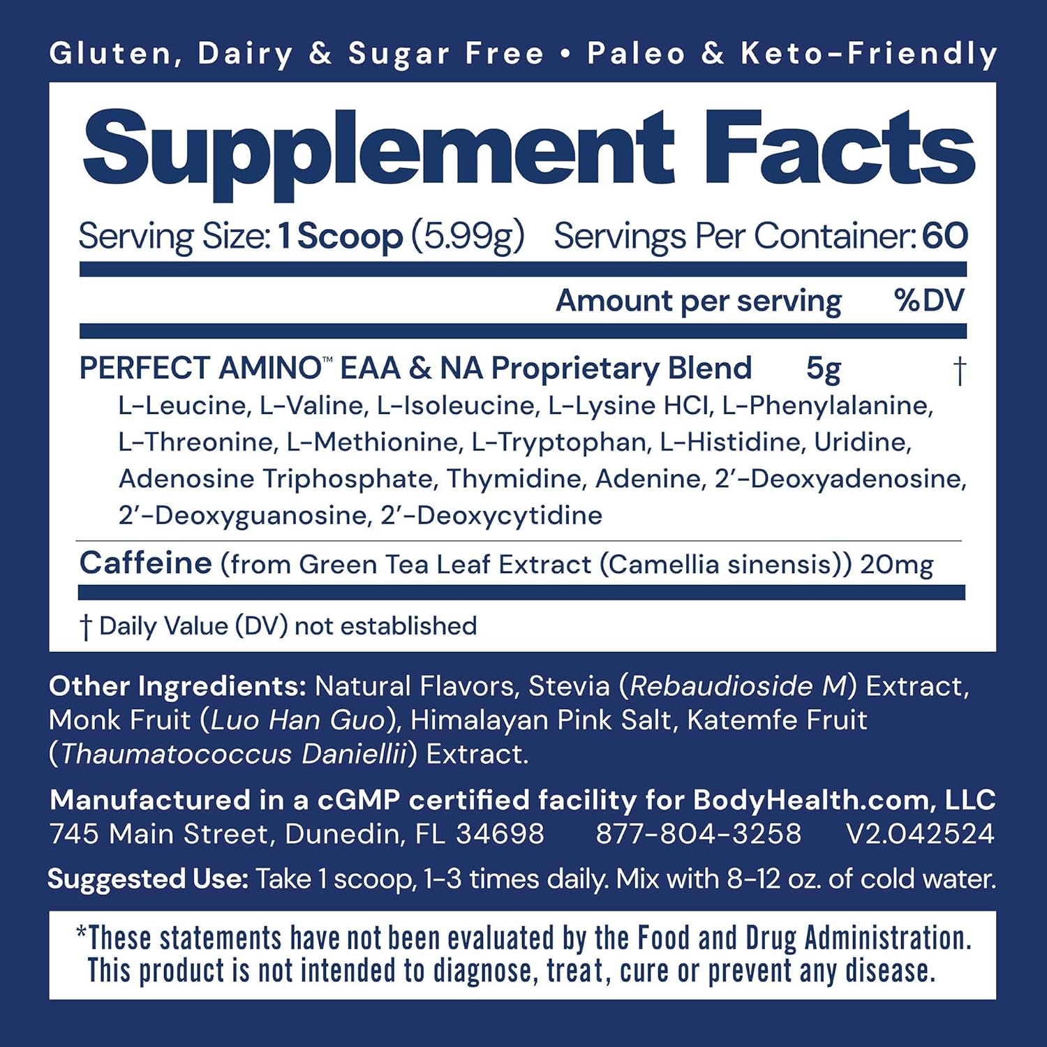 BodyHealth PerfectAmino Powder Mocha Flavor - BCAA & EAA Energy Drink for Muscle Support - Pre & Post Workout Supplement for Men & Women - 60 Servings