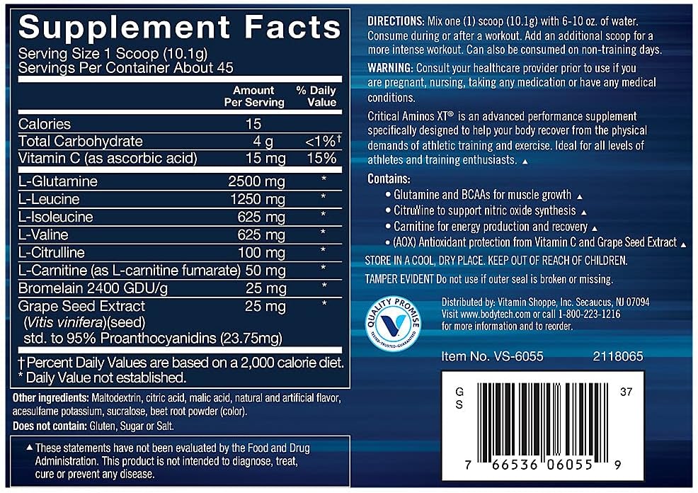 BodyTech Critical Aminos XT Powder - Strawberry Lemonade Flavor - Supports Muscle Recovery, Endurance, Performance - 16 oz, 45 Servings