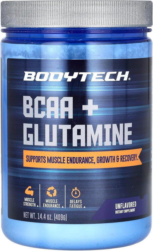 BodyTech Unflavored BCAA + Glutamine Powder - Supports Muscle Recovery, Strength, Endurance - Post-Workout & Daily Performance - 14.4 oz/59 Servings